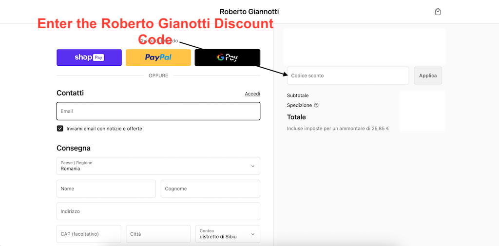 How to use a Roberto Giannotti Discount Code